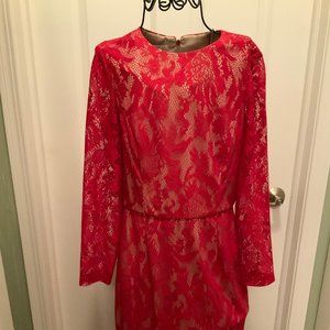 Red Lace Dress Fully Lined Long Sleeve Size 12